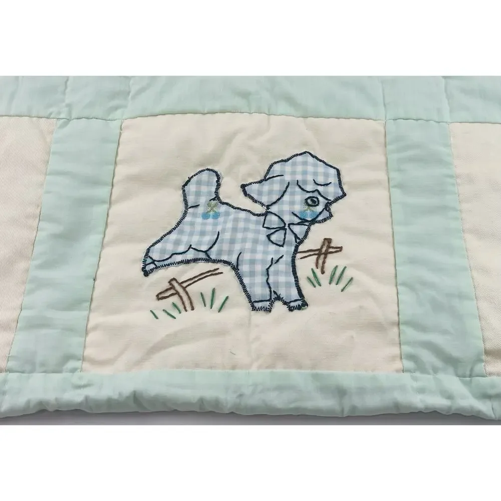 Vintage Hand Embroidered Applique Baby Quilt Blanket Wall Hanging Kitty Cat Lamb